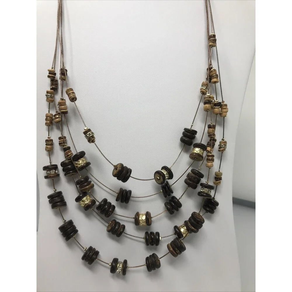 CHICO'S Necklace Brown Gold Tone  Multi Strand Floating Beads Earth Natural Tone
